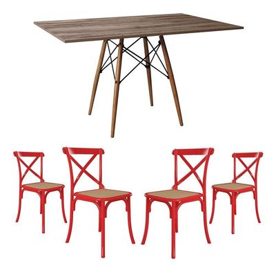 Jogo De Mesa Eiffel Retangular Tampo De Madeira 120X75Cm Amêndoa Com 4 Cadeiras Katrina Vermelha