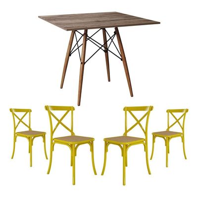 Jogo De Mesa Eiffel Quadrado Tampo De Madeira 90Cm Amêndoa Com 4 Cadeiras Katrina Amarelao Be