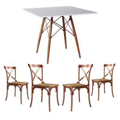 Conjunto De Mesa Eiffel Quadrado Tampo De Madeira 90Cm Branco Com 4 Cadeiras Cobre - Marrom