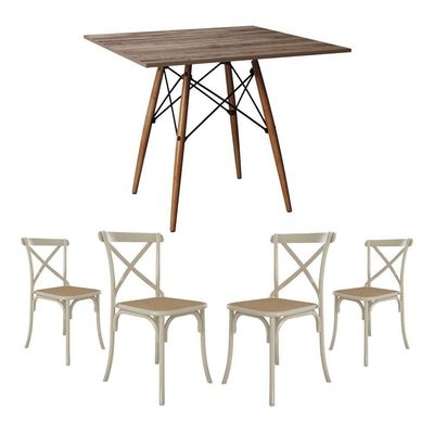 Conjunto De Mesa Eiffel Quadrado Tampo De Madeira 90Cm Amêndoa Com 4 Cadeiras Katrina Off White