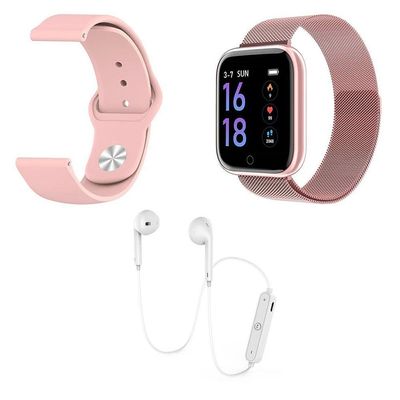Kit 1 Smartwatch P70 Rosa +1 Pulseira + Fone Branco