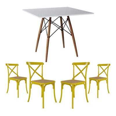 Jogo De Mesa Eiffel Quadrado Tampo De Madeira 90Cm Branco Com 4 Cadeiras Katrina Amarelao Beg