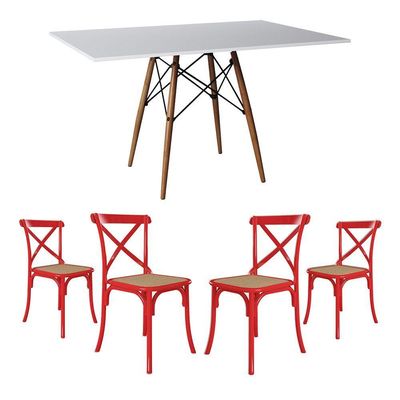 Conjunto De Mesa Eiffel Retangular Tampo De Madeira 120X75Cm Branco Com 4 Cadeiras Katrina Vermelha