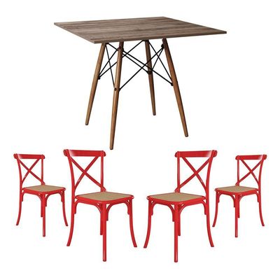 Conjunto De Mesa Eiffel Quadrado Tampo De Madeira 90Cm Amêndoa Com 4 Cadeiras Katrina Vermelha