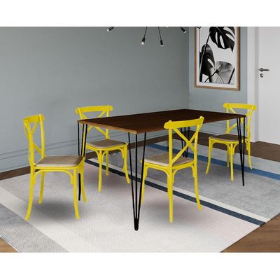 Conjunto De Mesa Elen Retangular Tampo De Madeira 140X80Cm Amêndoa Com 4 Cadeiras Katrina Amarela