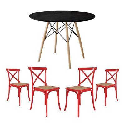 Conjunto De Mesa Eiffel Redondo Tampo De Madeira 110Cm Preto Com 4 Cadeiras Katrina Vermelhao