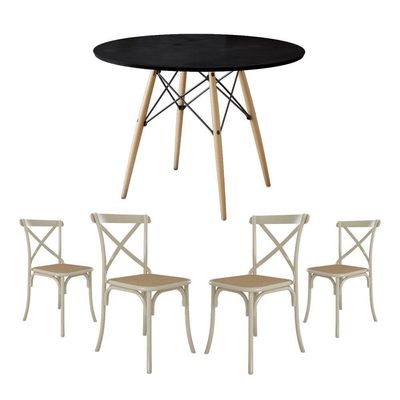 Conjunto De Mesa Eiffel Redondo Tampo De Madeira 110Cm Preto Com 4 Cadeiras Katrina Off White