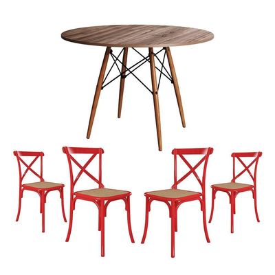 Conjunto De Mesa Eiffel Redondo Tampo De Madeira 110Cm Amêndoa Com 4 Cadeiras Katrina Vermelha