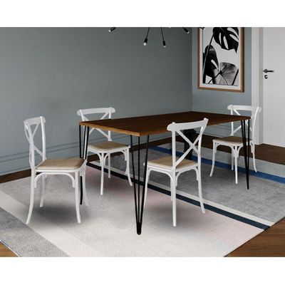 Conjunto De Mesa Elen Retangular Tampo De Madeira 140X80Cm Amêndoa Com 4 Cadeiras Katrina Branca
