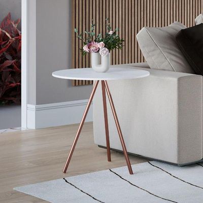 Mesa Lateral Eames Gabriela Tampo Madeira Branco Pés Cobre