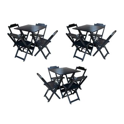 Kit 3 Mesas Quadradas Dobraveis 70X70 Em Madeira Maciça Com 4 Cadeiras - Preto - Preto