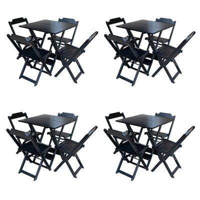 Kit 4 Conjuntos De Mesa Com 4 Cadeiras De Madeira Dobravel 70X70 Preto - Preto