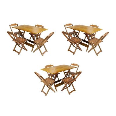 Kit 3 Jogos De Mesa Retangular Dobravel Em Madeira Padrão 120X70 Com 4 Cadeiras - Mel - Marrom