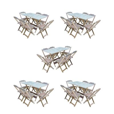 Kit 5 Conjuntos De Mesa Dobravel Com 6 Cadeiras De Madeira 120X70 Para Restaurante E Bar- Sem Pintur