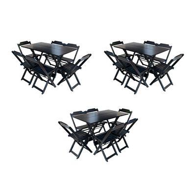 Kit 3 Jogos De Mesa Dobravel Com 6 Cadeiras De Madeira 120X70 Para Restaurante E Bar - Preto