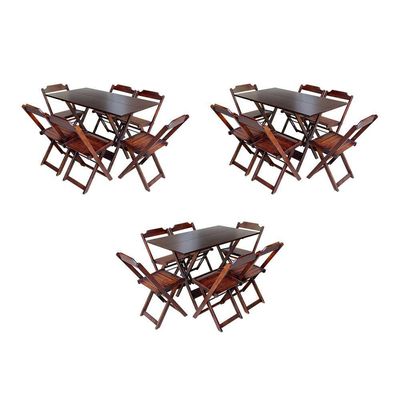Kit 3 Conjuntos De Mesa Dobravel Com 6 Cadeiras De Madeira 120X70 Para Restaurante E Bar - Imbuia
