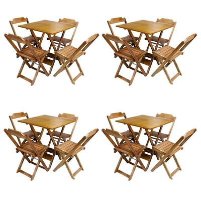Kit 4 Jogos De Mesas Quadradas 70X70 Em Madeira Maciça Com 4 Cadeiras - Mel - Marrom