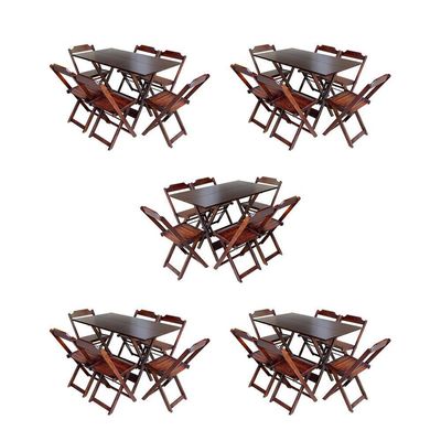 Kit 5 Conjuntos De Mesa Dobravel Com 6 Cadeiras De Madeira 120X70 Para Restaurante E Bar - Imbuia