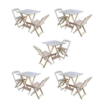 Kit 5 Conjuntos De Mesa Dobravel Com 2 Cadeiras De Madeira 70X70 Para Restaurante E Bar - Sem Pintur