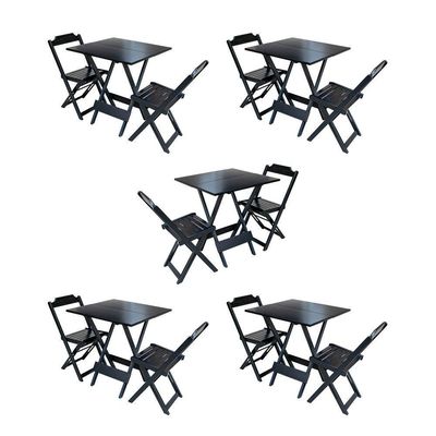 Kit 5 Jogos De Mesa Dobravel Com 2 Cadeiras De Madeira 70X70 Para Restaurante E Bar - Preto