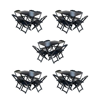 Kit 5 Conjuntos De Mesa Dobravel Com 6 Cadeiras De Madeira 120X70 Para Restaurante E Bar - Preto