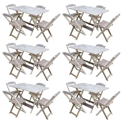 Kit 6 Conjuntos De Mesa Com 4 Cadeiras De Madeira Dobravel 120X70 Sem Pintura/Crua - Marrom