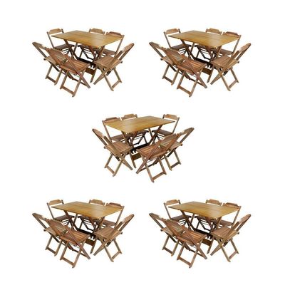 Kit 5 Conjuntos De Mesa Dobravel Com 6 Cadeiras De Madeira 120X70 Para Restaurante E Bar - Mel