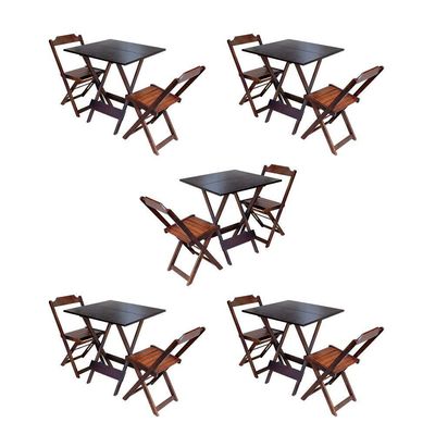 Kit 5 Jogos De Mesa Dobravel Com 2 Cadeiras De Madeira 70X70 Para Restaurante E Bar - Imbuia