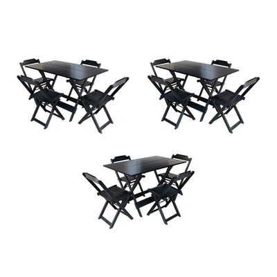 Kit 3 Conjuntos De Mesa Dobravel Com 4 Cadeiras De Madeira 120X70 Para Restaurante E Bar - Preto