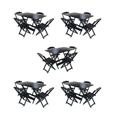 Kit 5 Conjuntos De Mesa Dobravel Com 4 Cadeiras De Madeira 120X70 Para Restaurante E Bar - Preto