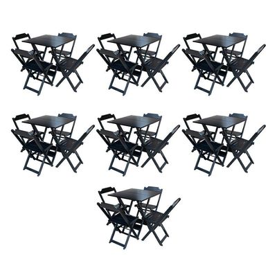 Kit 7 Jogos De Mesa Dobravel Com 4 Cadeiras De Madeira 70X70 Para Restaurante E Bar - Preto