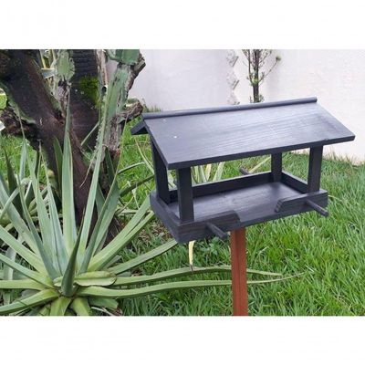 Casinha Passarinho Comedouro Preto Madeira Bandeja 34x50
