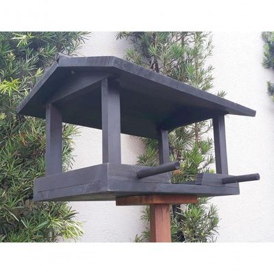 Casinha Passarinho Comedouro Preto Madeira Bandeja 34x50