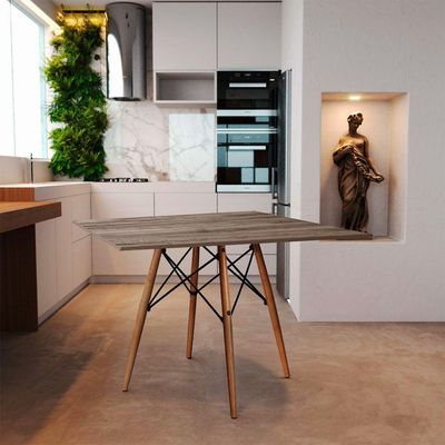 Mesa Eiffel Design Charles Eames Quadrada 90cm Amêndoa Base Madeira Maciça - Cor: Marrom