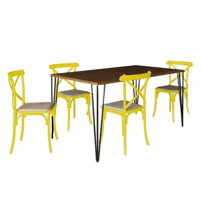 Jogo De Mesa Elen Retangular Tampo De Madeira 140X80Cm Amêndoa Com 4 Cadeiras Katrina Amarela