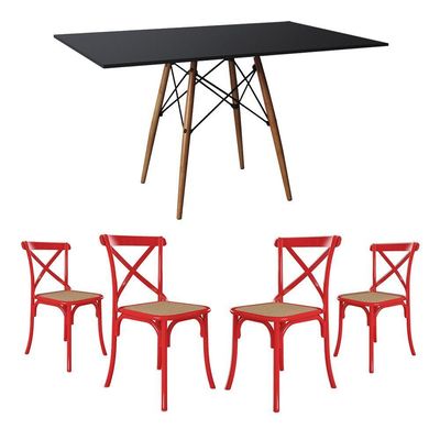 Conjunto De Mesa Eiffel Retangular Tampo De Madeira 120X75Cm Preto Com 4 Cadeiras Katrina Vermelha A