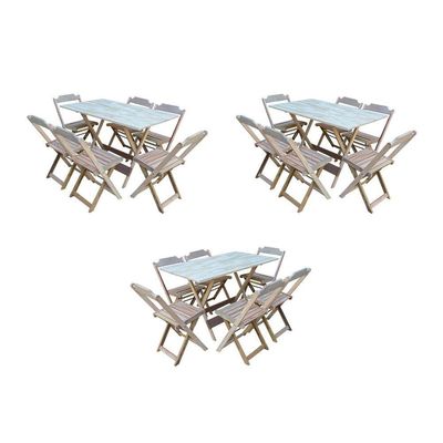 Kit 3 Conjuntos De Mesa Dobravel Com 6 Cadeiras De Madeira 120X70 Para Restaurante E Bar- Sem Pintur