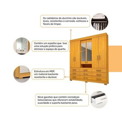 Guarda Roupa Casal 6 Portas e 9 Gavetas c/ Espelho Débora Nature/Off White - ACP