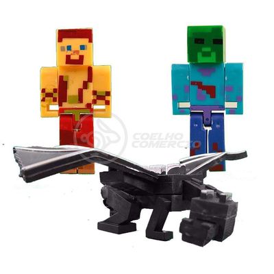 Kit Minecraft 3 Bonecos 1Dragão Ender/1Creeper/1Aranha Verm