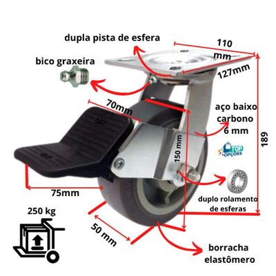 Rodizio Borracha Elastomera 6 Pol. Com Freio C/rolamentt