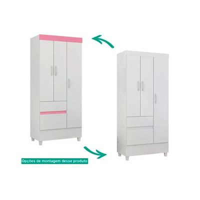 Guarda Roupa Solteiro 3 Portas e 2 Gavetas Wind Branco/Rosa - Demóbile