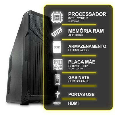 Computador Desktop Slim, Intel Core I7 3º Ger, 4gb Ram, Hd Ssd 240gb, Conexões Usb/vga/hdmi/lan/som