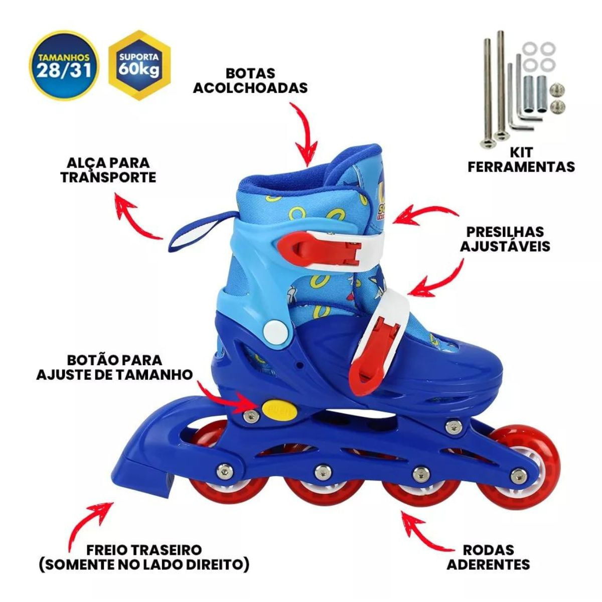 Patins Sonic Inline E Triline Com Kit De Proteção 28-31 Bbr S003