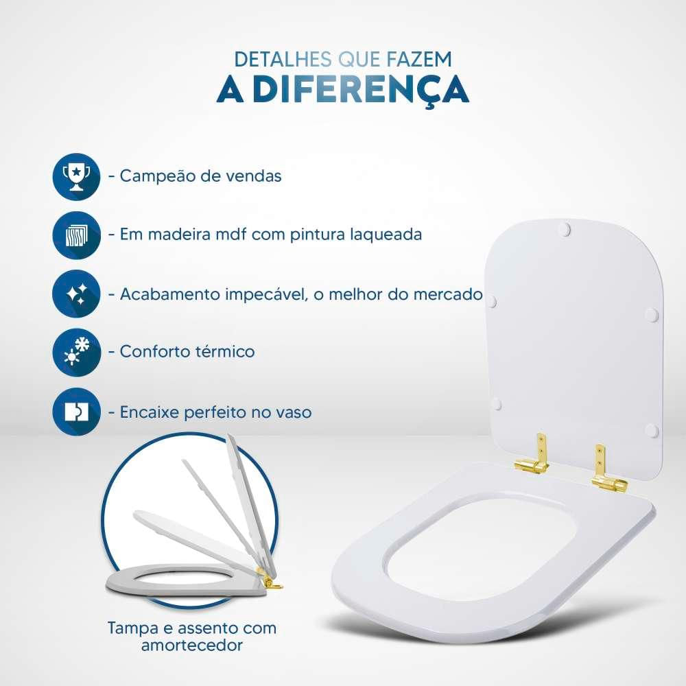 Assento Sanitário MDF Soft Close Quadra Marrom Fosco para Vaso Deca com Ferragem Dourada