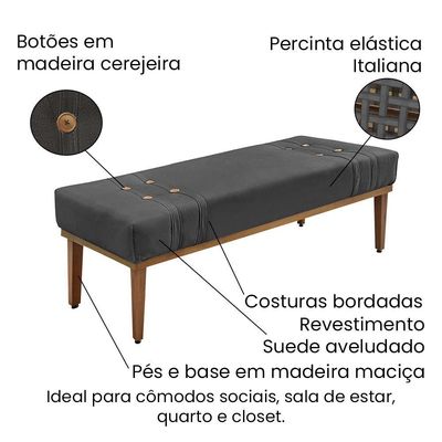 Recamier Genova 160 Cm Luxo Suede Com Madeira Maciça Cinza