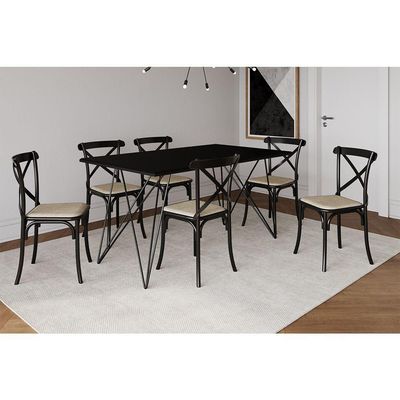 Mesa De Jantar Industrial Com 6 Cadeiras Katrina Preto Trama Premium Preto 150 Cm - Cor: Preto