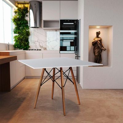 Mesa De Jantar Quadrada 90Cm Branca Base Madeira Branco