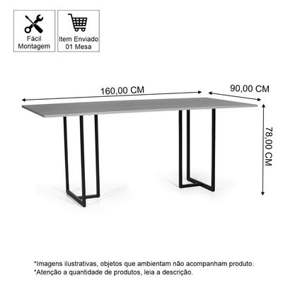 Mesa De Jantar Retangular Industrial 6 Lugares 160x90cm Atos Preta - Straub Web