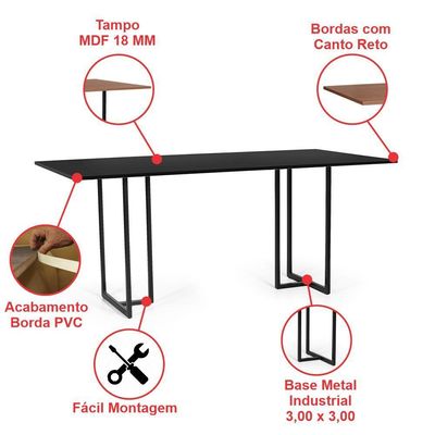 Mesa De Jantar Retangular Industrial 6 Lugares 180x90cm Atos Preta - Straub Web