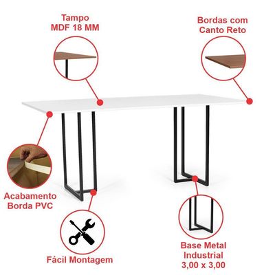 Mesa De Jantar Retangular Industrial 6 Lugares 180x90cm Atos Branca - Straub Web